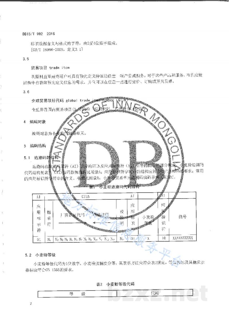 DB15/T 992-2016商品条码 小麦粉追溯码编码与条码表示