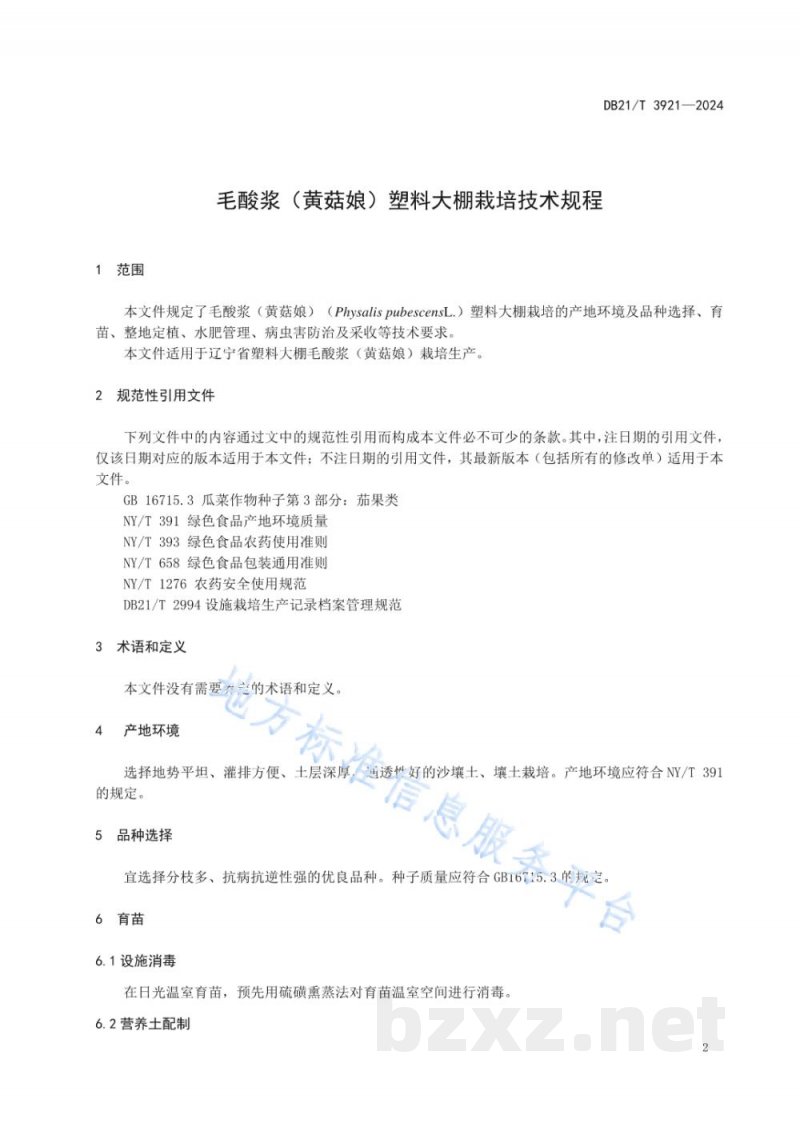 DB21/T 3921-2024毛酸浆（黄菇娘）塑料大棚栽培技术规程