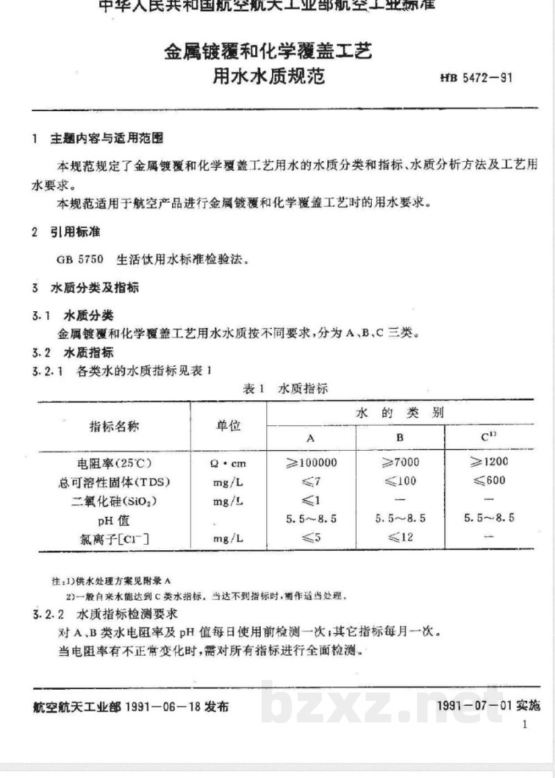 HB 5472-1991 金属镀覆和化学覆盖工艺用水水质规范