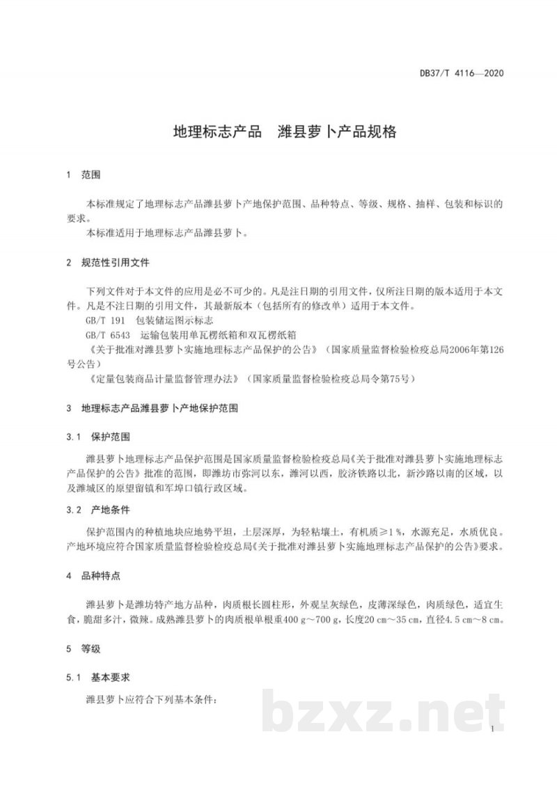 DB37/T 4116-2020地理标志产品 潍县萝卜产品规格