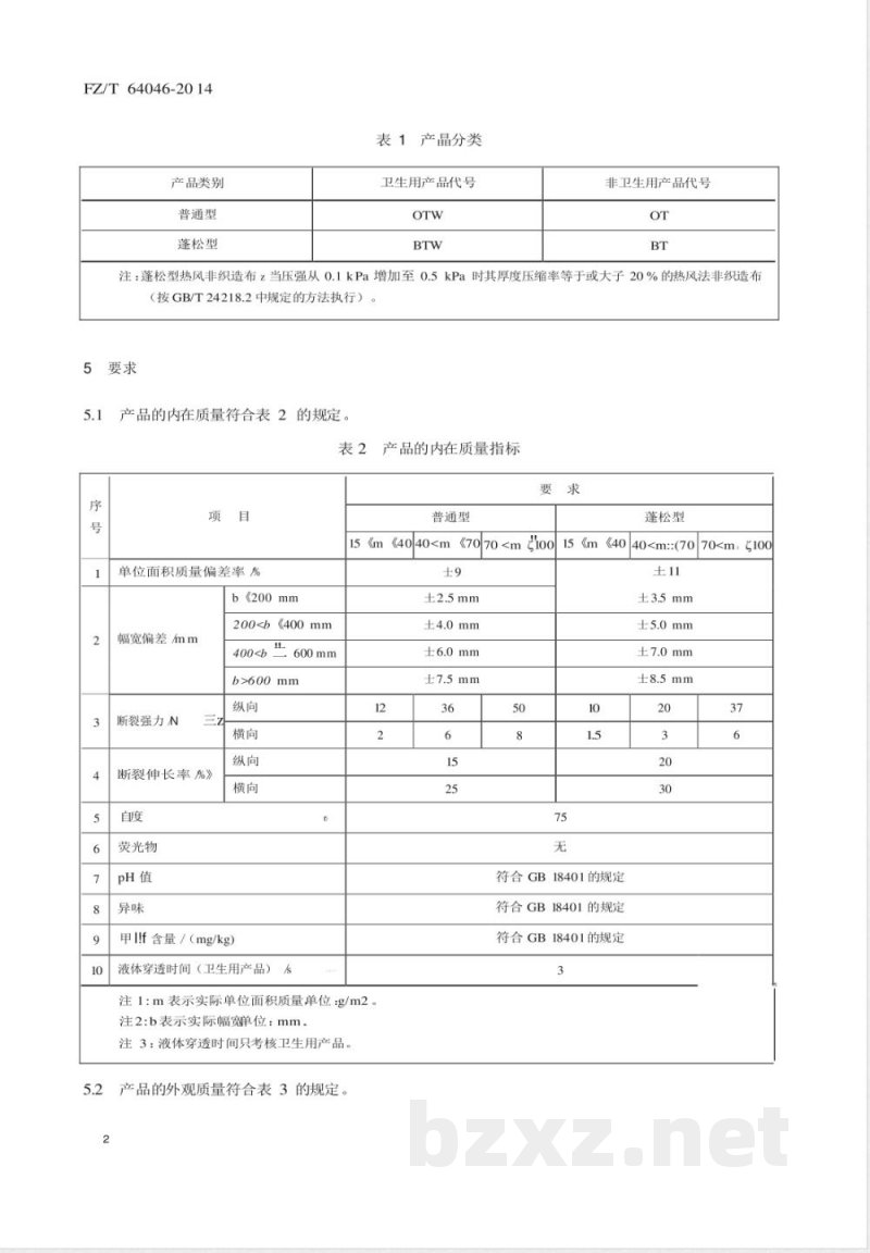 FZ/T 64046-2014热风法非织造布 