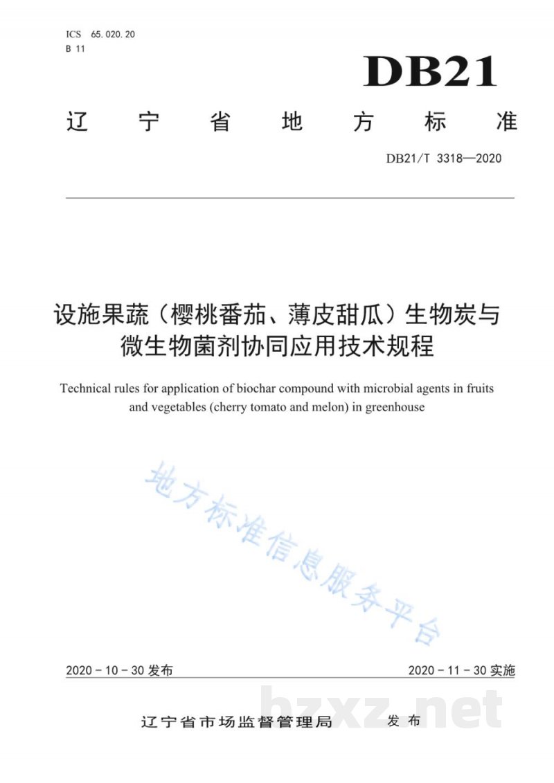 DB21/T 3318-2020设施果蔬（樱桃番茄、薄皮甜瓜）生物炭与微生物菌剂协同应用技术规程