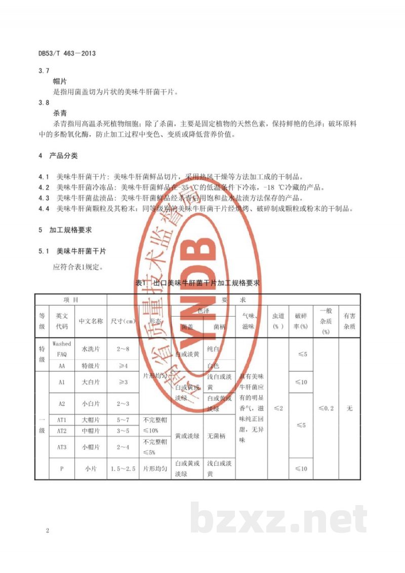 DB53/T 463-2013出口美味牛肝菌加工规格要求