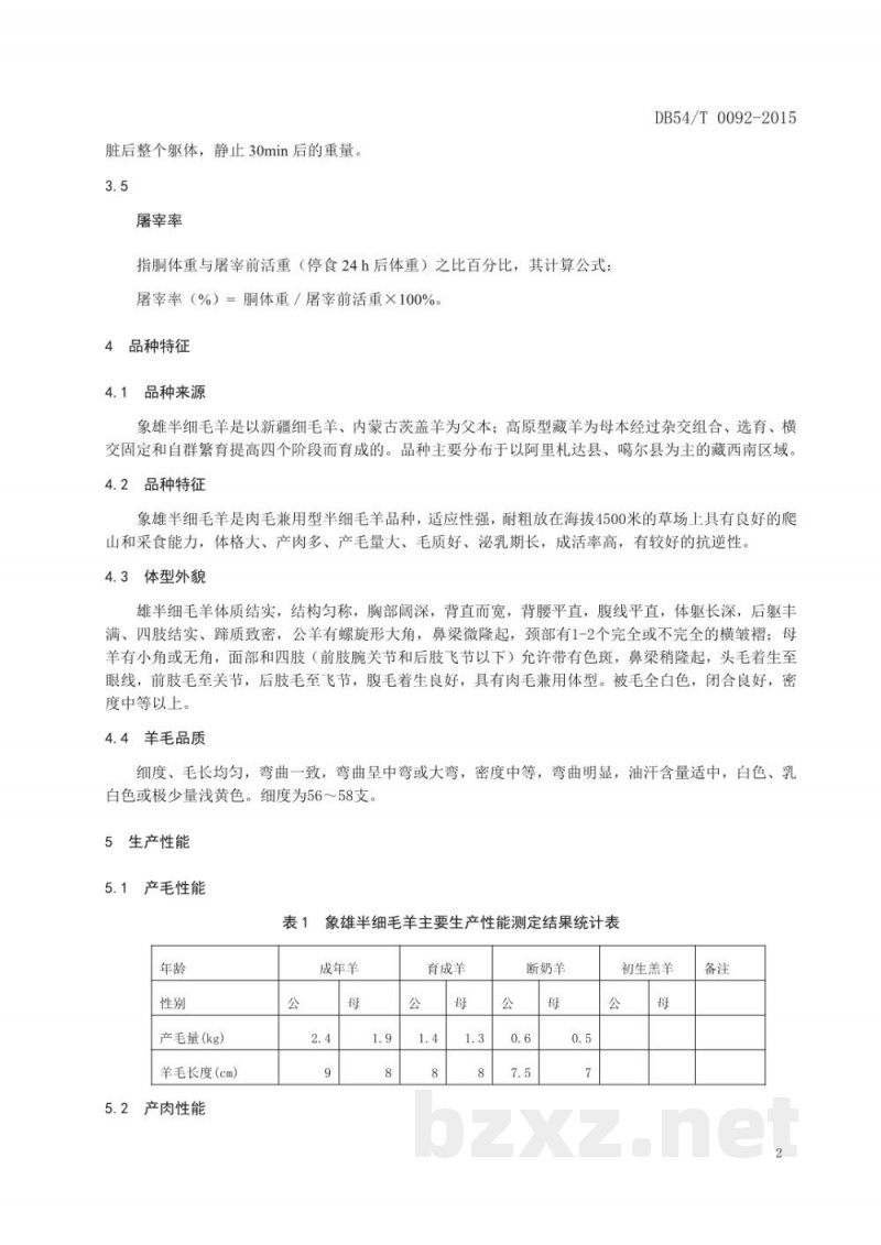 DB54/T 0092-2015象雄半细毛羊