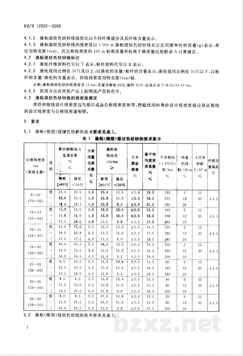 FZ/T 12022-2009 涤纶与粘纤混纺色纺纱线
