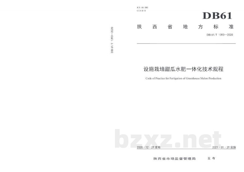 DB61/T 1393-2020设施栽培甜瓜水肥一体化技术规程