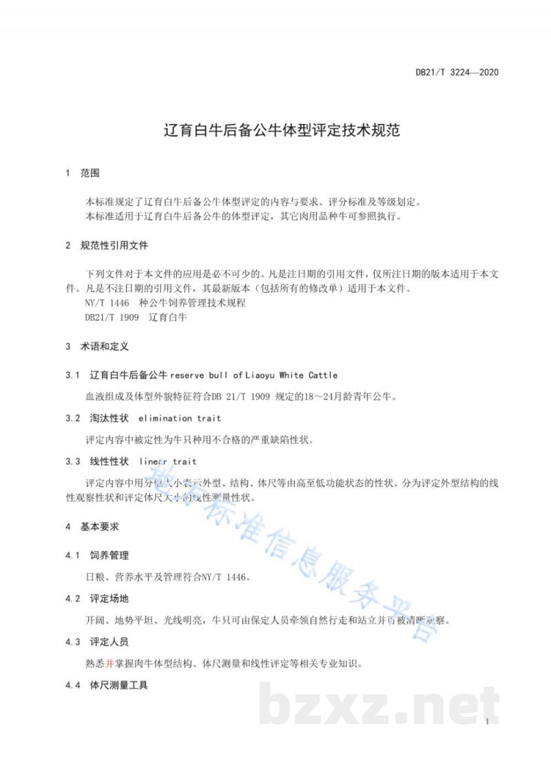 DB21/T 3224-2020辽育白牛后备公牛体型评定技术规范