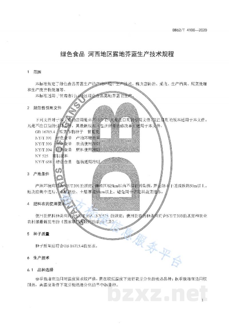 DB62/T 4100-2020绿色食品 河西地区露地芥蓝生产技术规程