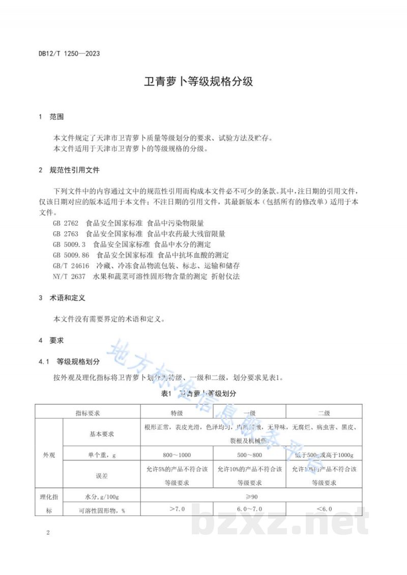 DB12/T 1250-2023卫青萝卜等级规格分级