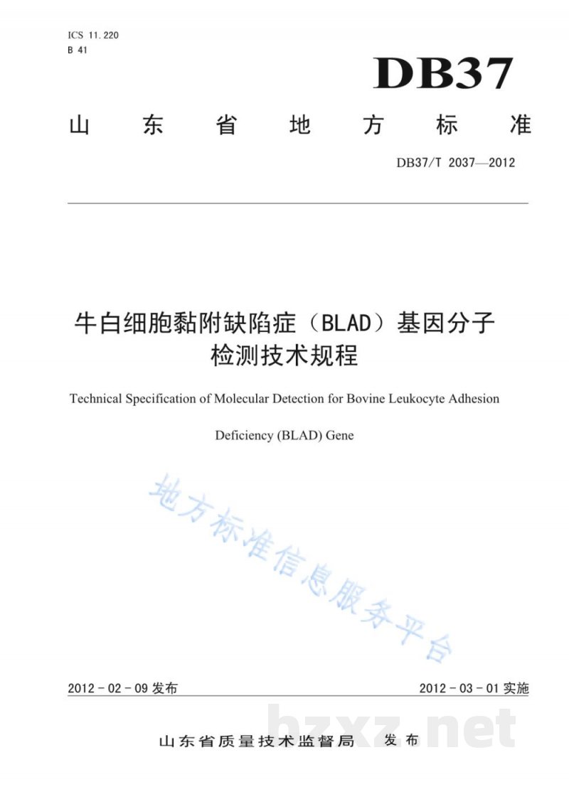 DB37/T 2037-2012牛白细胞黏附缺陷症（BLAD）基因分子检测技术规程