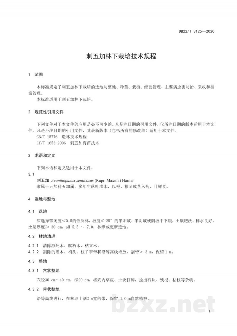 DB22/T 3125-2020刺五加林下栽培技术规程