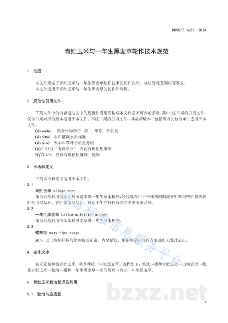 DB50/T 1631-2024青贮玉米与一年生黑麦草轮作技术规范