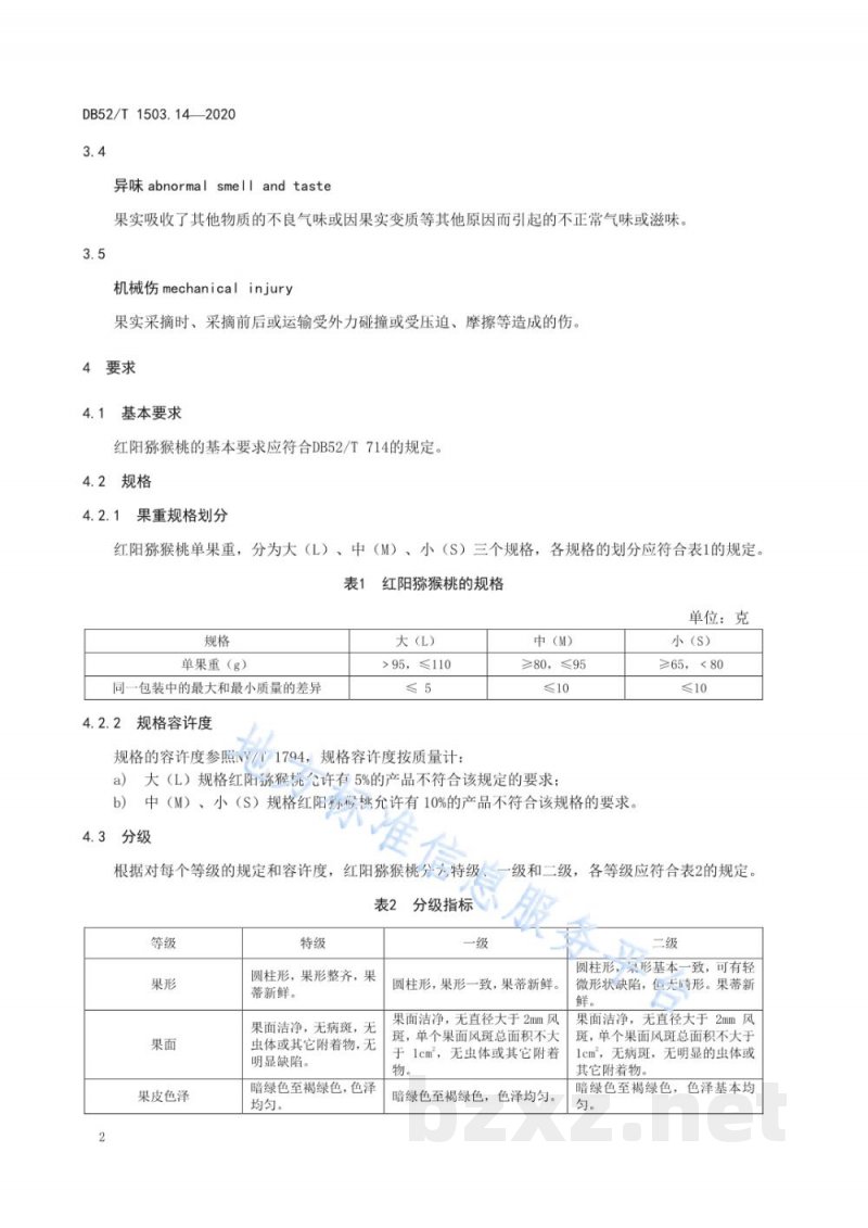 DB52/T 1503.14-2020贵州猕猴桃 第14部分：红阳猕猴桃果品分级技术规程