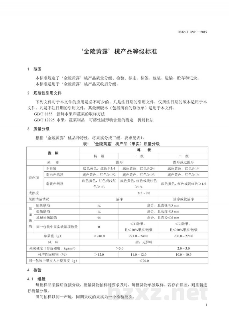 DB32/T 3651-2019‘金陵黄露’桃产品质量分级规范