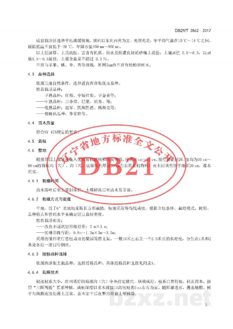 DB21/T 2862-2017西洋梨生产技术规程