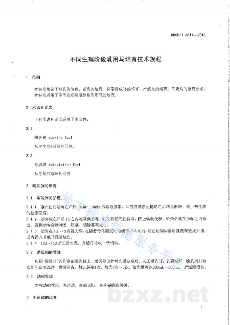 DB65/T 3811-2015不同生理阶段乳用马培育技术规程