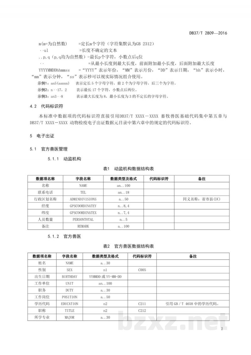 DB37/T 2809-2016动物检疫电子出证系统数据规范