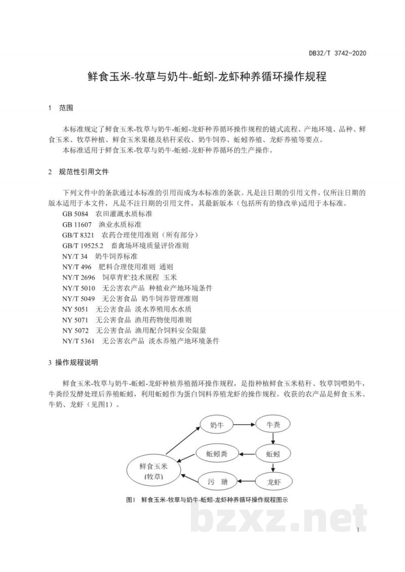 DB32/T 3742-2020鲜食玉米-牧草与奶牛-蚯蚓-龙虾种养循环操作规程