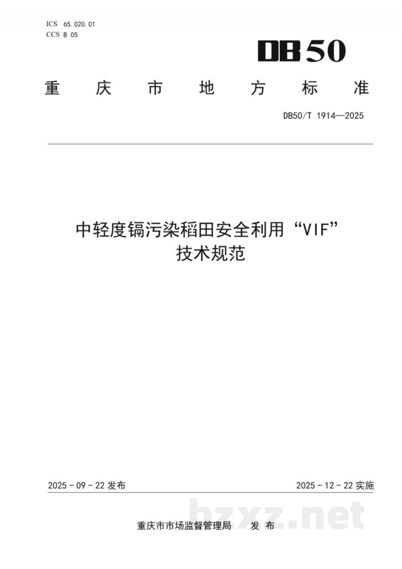 DB50/T 1914-2025中轻度镉污染稻田安全利用“VIF”技术规范