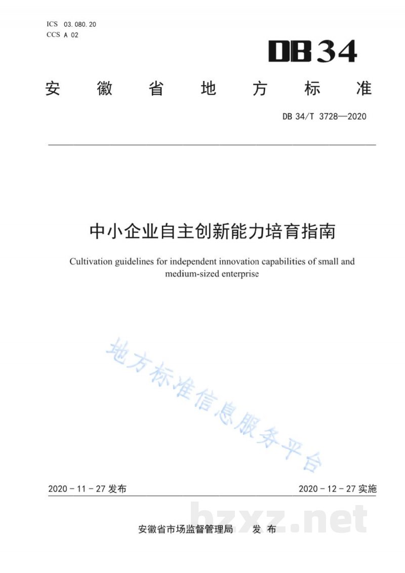 DB34/T 3728-2020中小企业自主创新能力培育指南