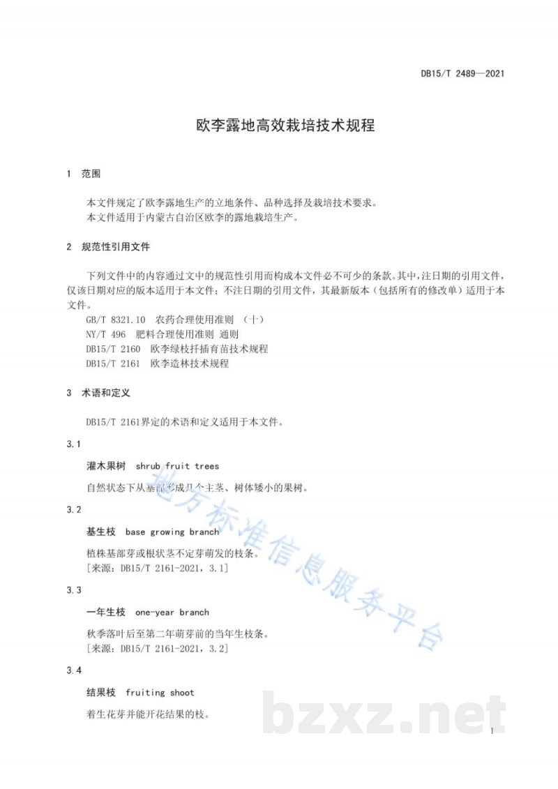 DB15/T 2489-2021欧李露地高效栽培技术规程