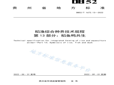 DB52/T 1672.13-2022稻渔综合种养技术规程 第13部分：稻鱼鸭共生