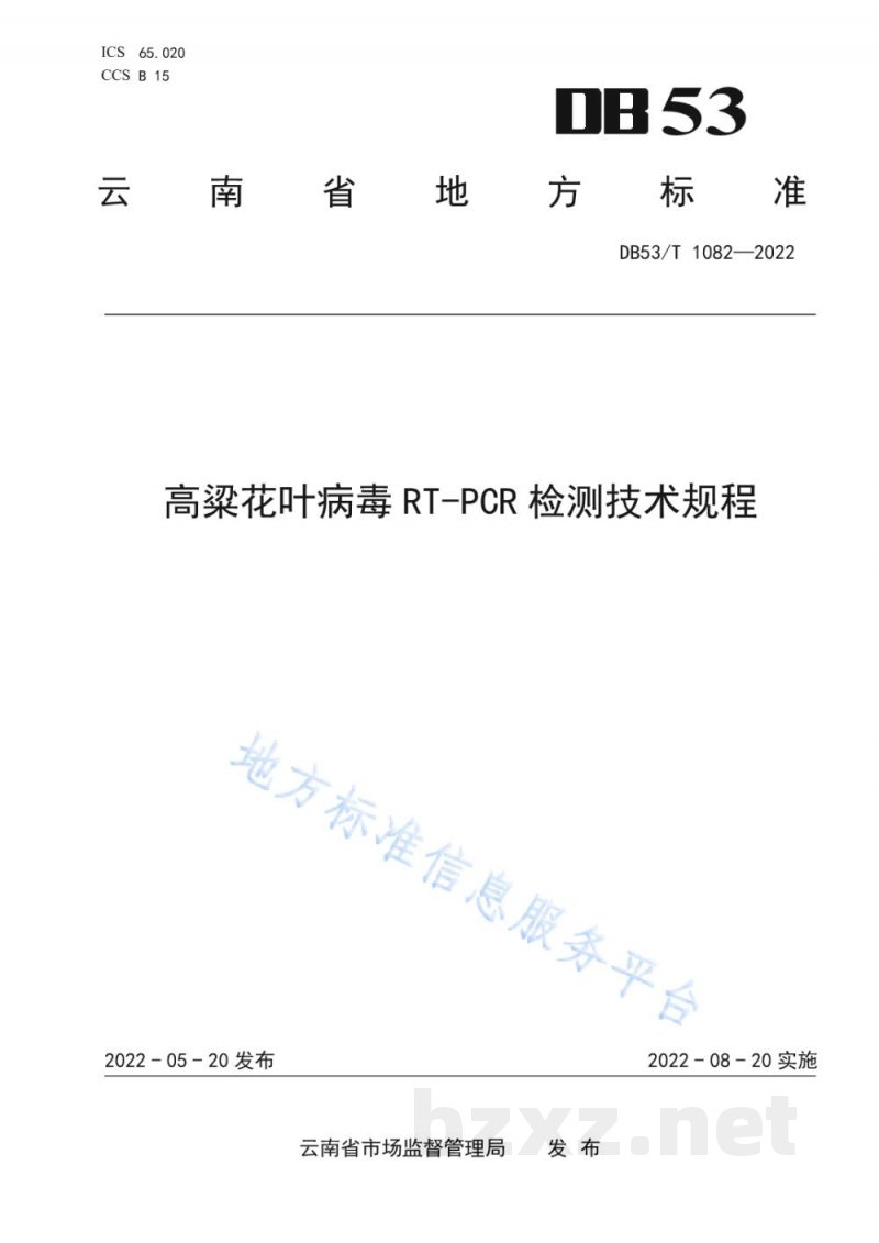 DB53/T 1082-2022高粱花叶病毒RT-PCR检测技术规程