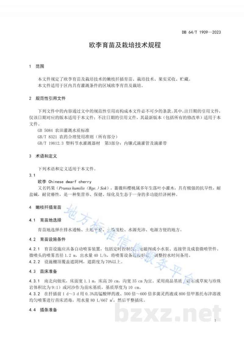 DB64/T 1909-2023欧李育苗及栽培技术规程