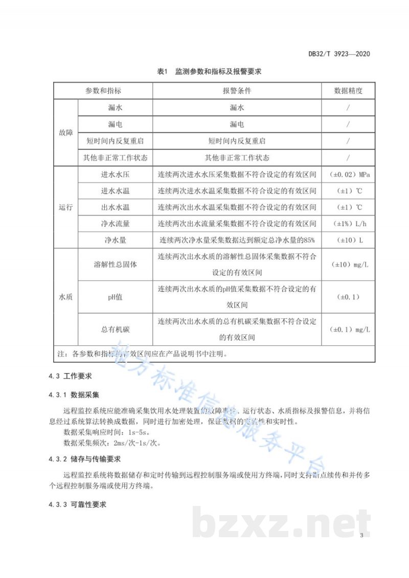 DB32/T 3923-2020饮用水处理装置远程监控技术要求和服务规范