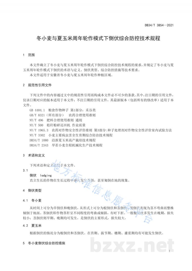 DB34/T 3854-2021冬小麦与夏玉米周年轮作模式下倒伏综合防控技术规程