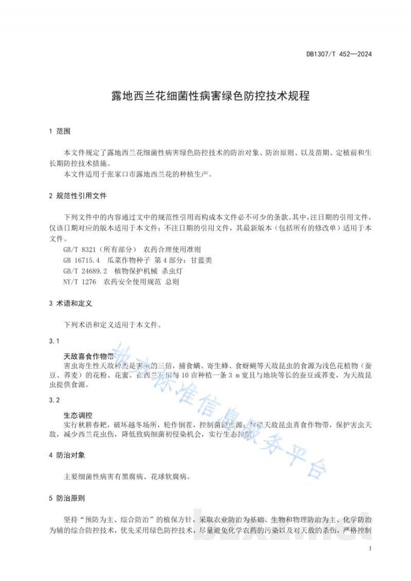 DB1307/T 452-2024露地西兰花细菌性病害绿色防控技术规程