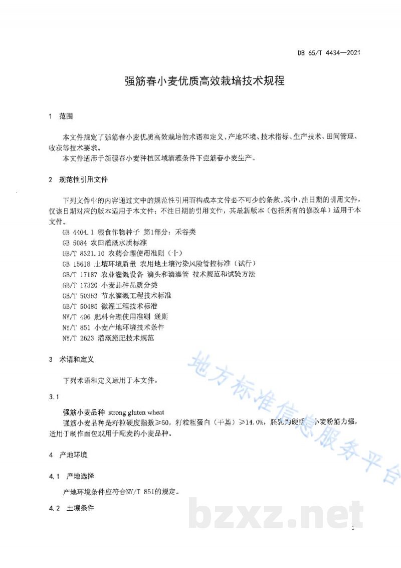 DB65/T 4434-2021强筋春小麦优质高效栽培技术规程