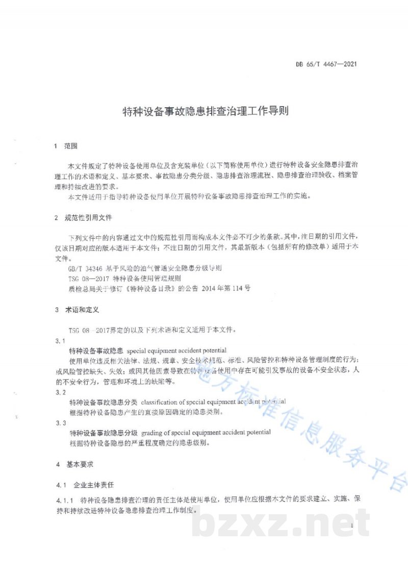 DB65/T 4467-2021特种设备事故隐患排查治理工作导则