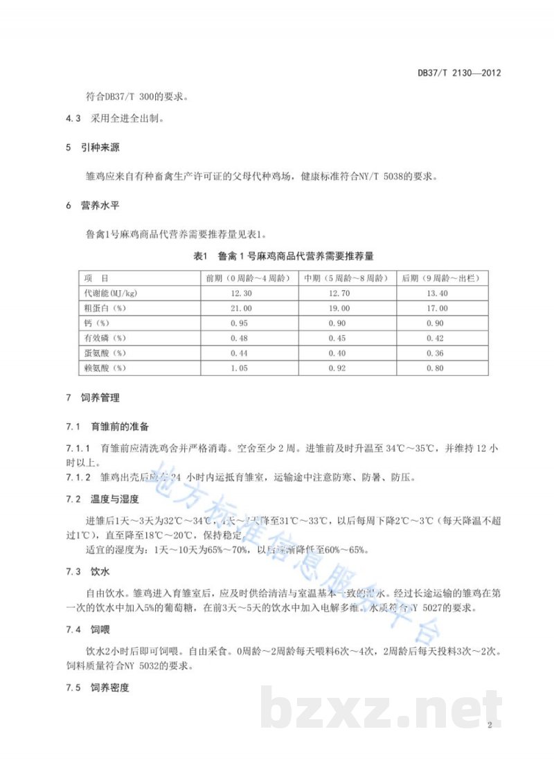 DB37/T 2130-2012鲁禽1号麻鸡商品代生产技术规程