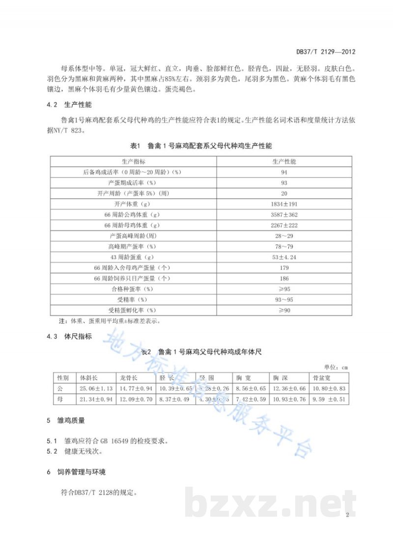 DB37/T 2129-2012鲁禽1号麻鸡配套系父母代种鸡