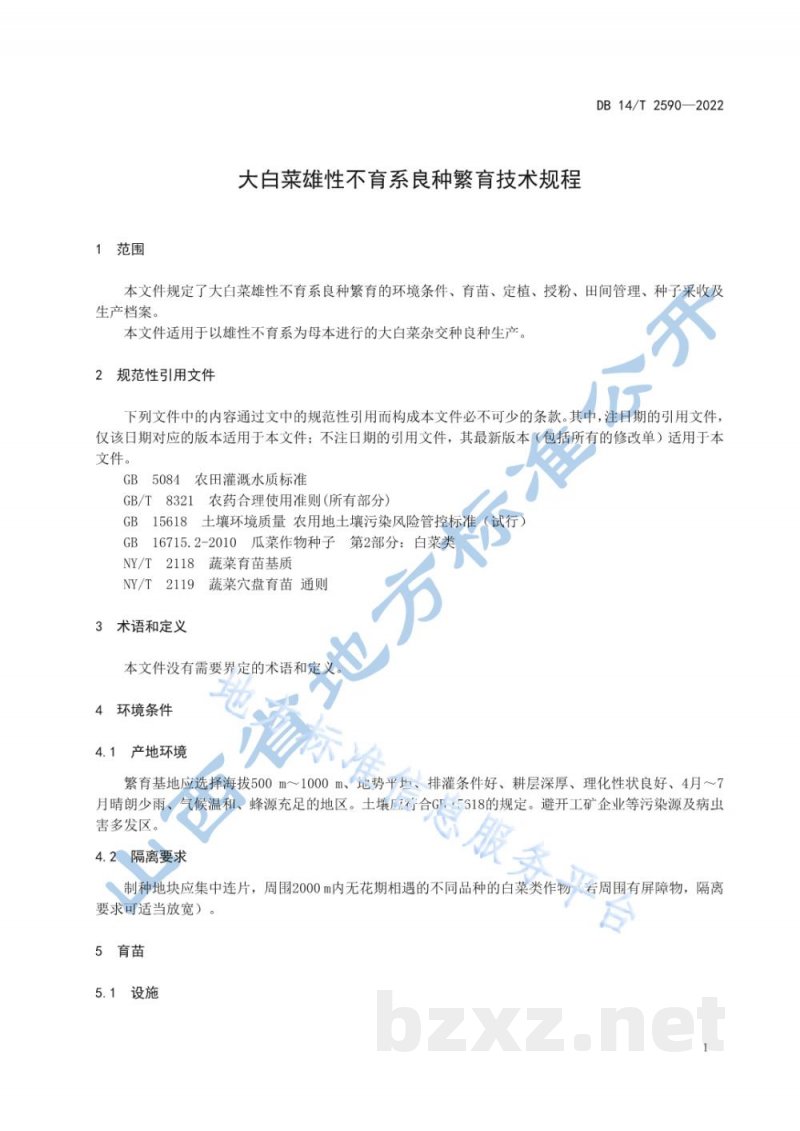 DB14/T 2590-2022大白菜雄性不育系良种繁育技术规程