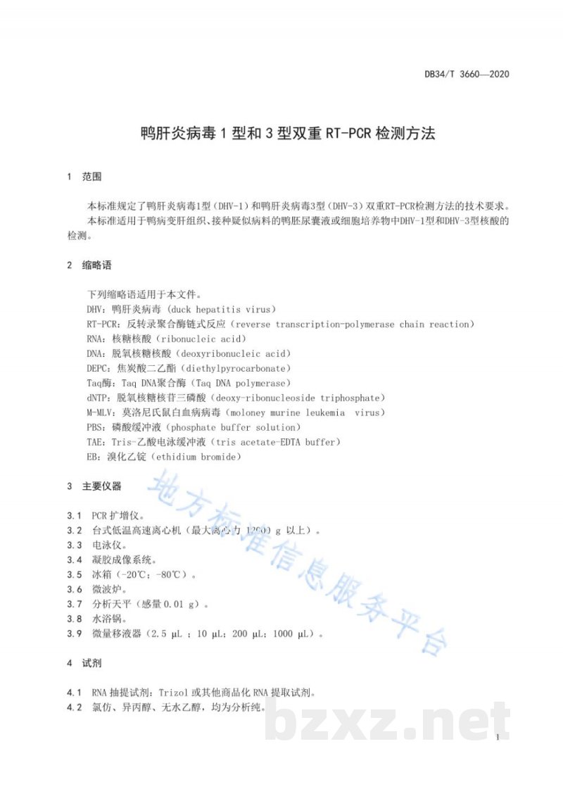 DB34/T 3660-2020鸭肝炎病毒1型和3型双重RT-PCR检测方法