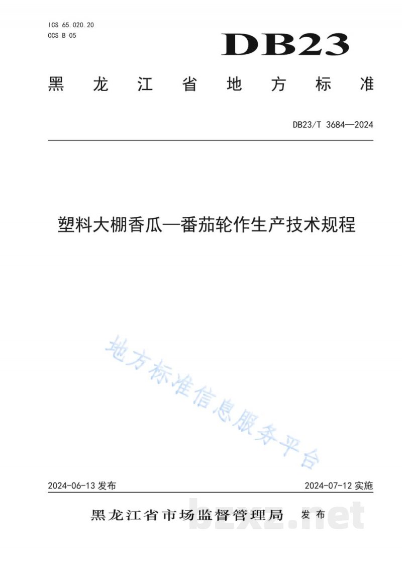 DB23/T 3684-2024塑料大棚香瓜-番茄轮作生产技术规程