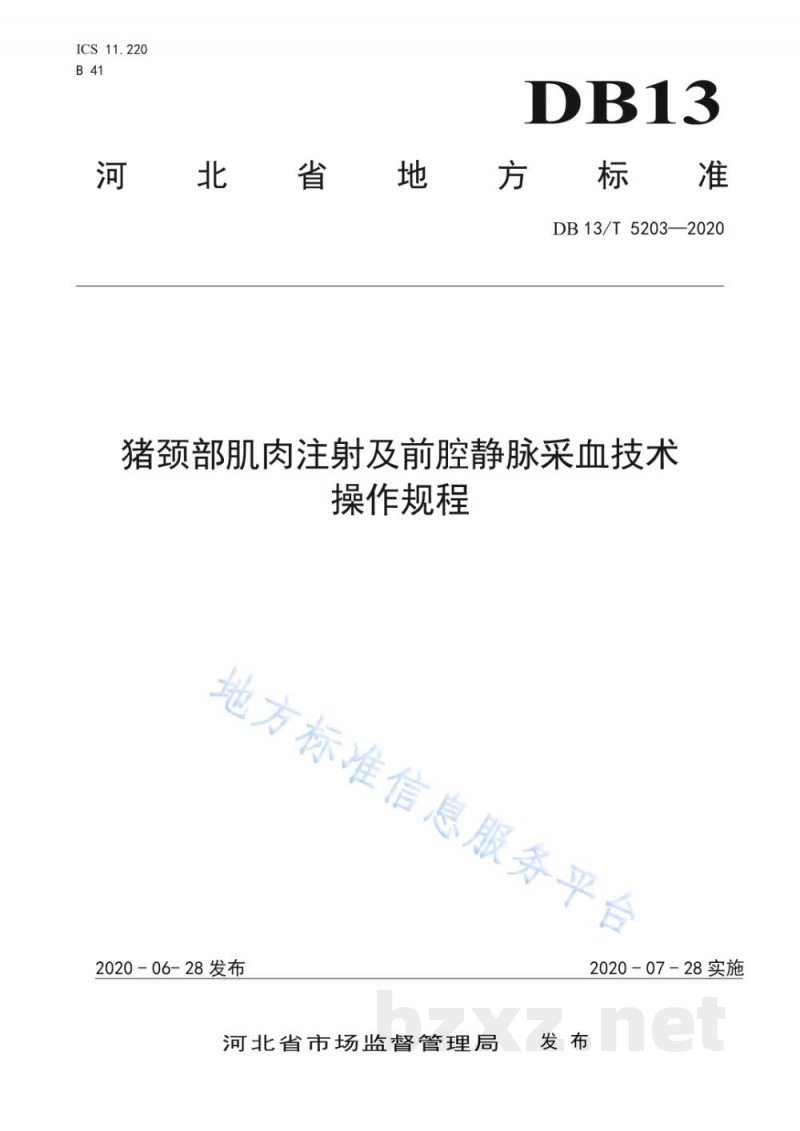 DB13/T 5203-2020猪颈部肌肉注射及前腔静脉采血技术操作规程