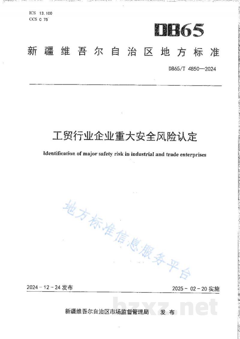 DB65/T 4850-2024工贸行业企业重大安全风险认定