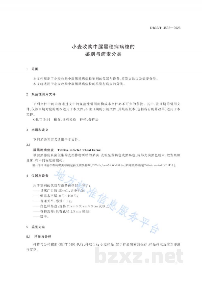 DB32/T 4592-2023小麦收购中腥黑穗病病粒的鉴别与病麦分类