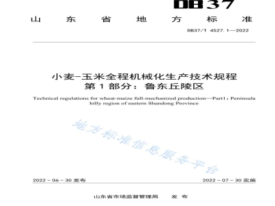 DB37/T 4527.1-2022小麦-玉米全程机械化生产技术规程 第1部分：鲁东丘陵区
