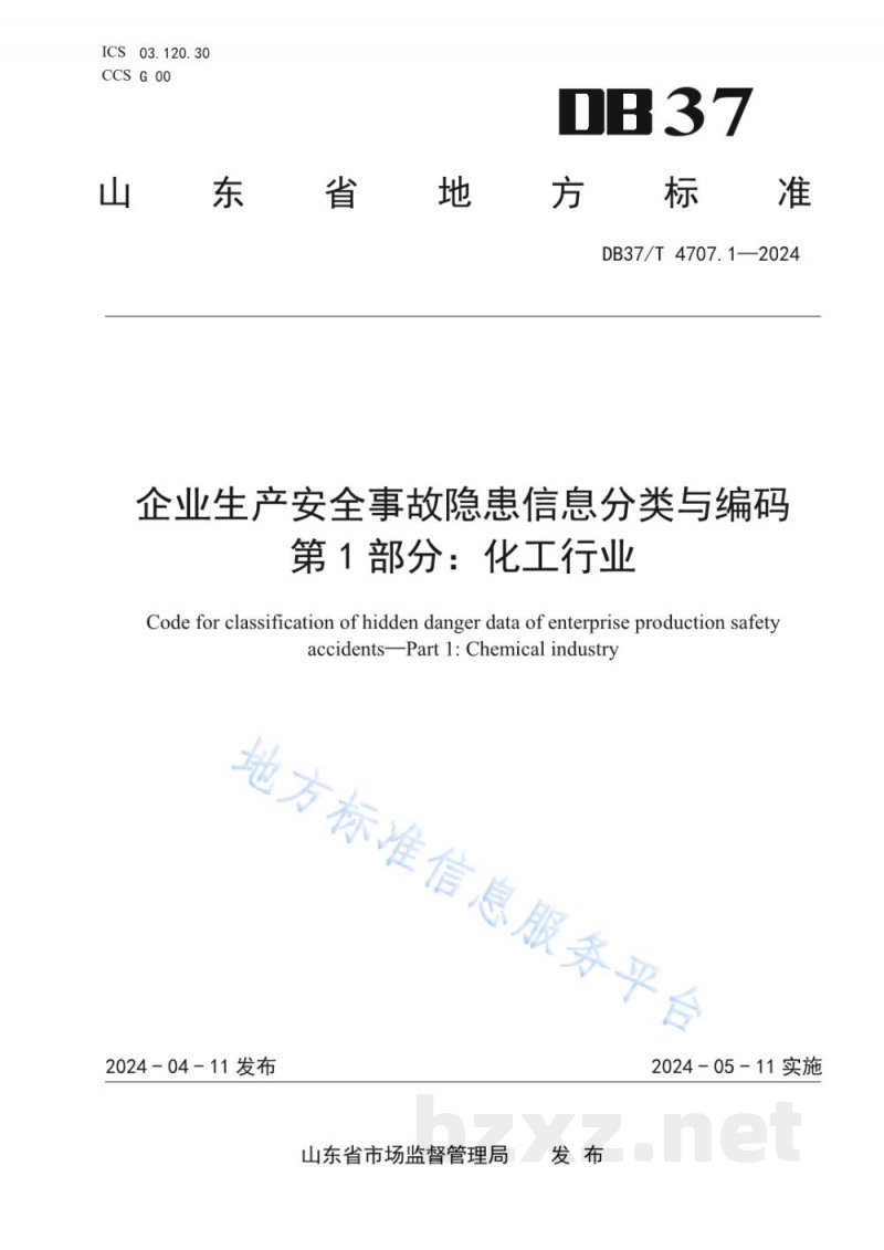 DB37/T 4707.1-2024企业生产安全事故隐患信息分类与编码 第1部分：化工行业
