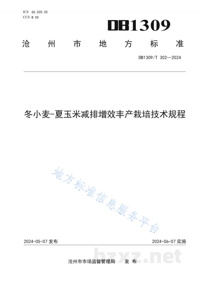 DB1309/T 302-2024冬小麦-夏玉米减排增效丰产栽培技术规程
