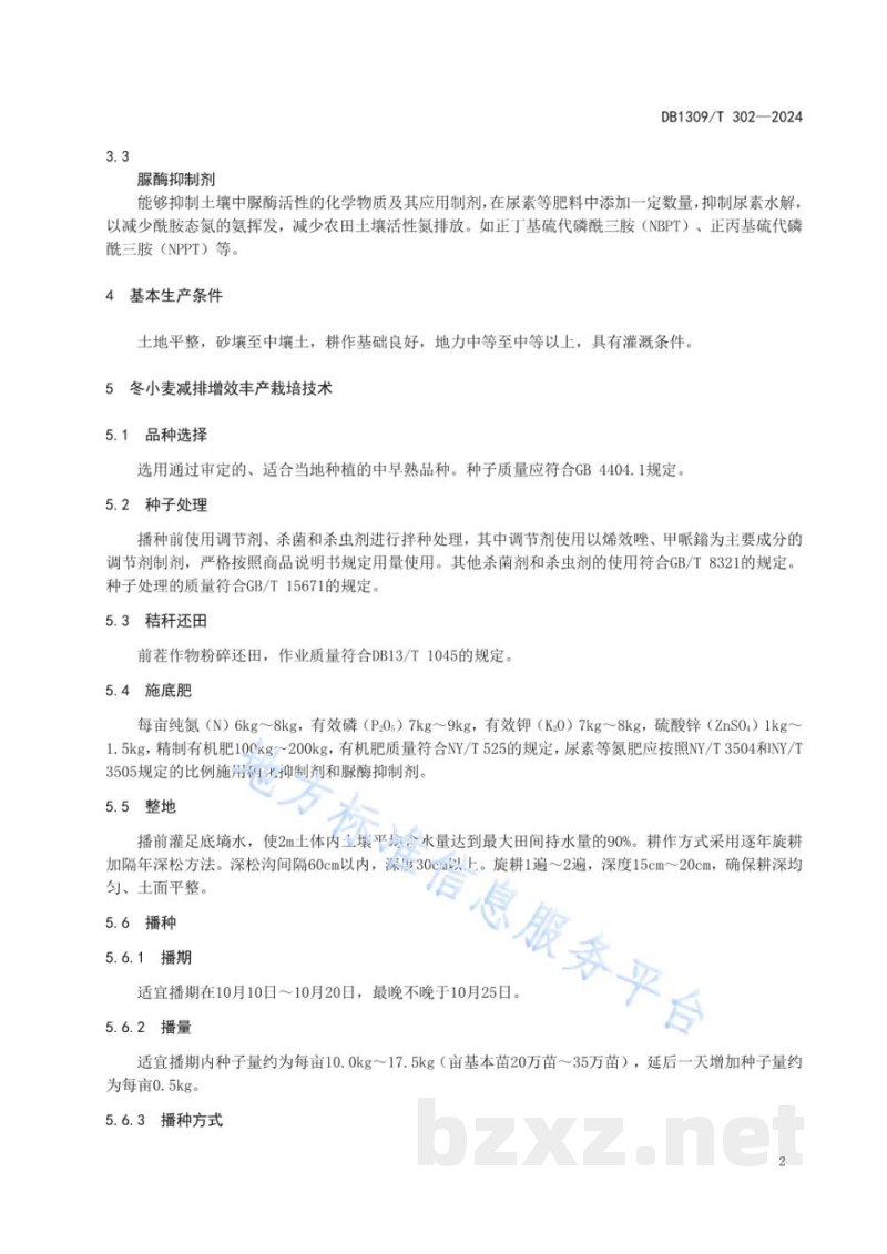 DB1309/T 302-2024冬小麦-夏玉米减排增效丰产栽培技术规程