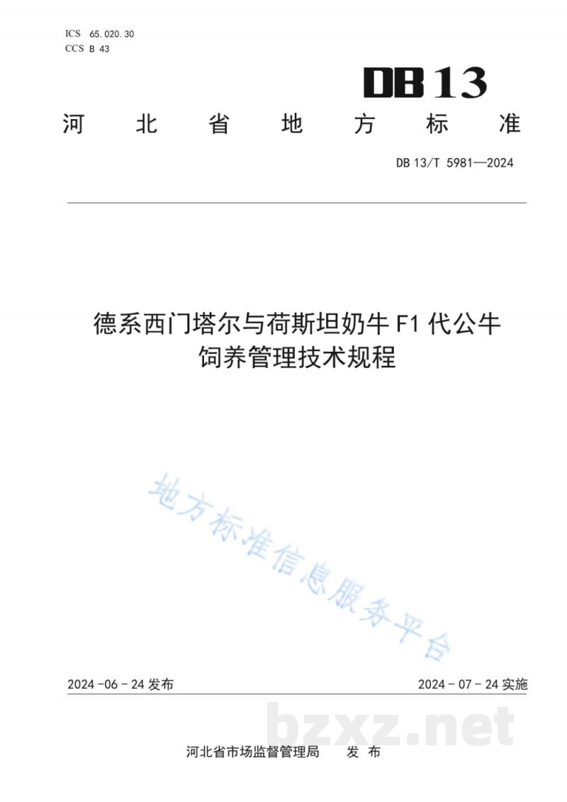 DB13/T 5981-2024德系西门塔尔与荷斯坦奶牛F1代公牛饲养管理技术规程