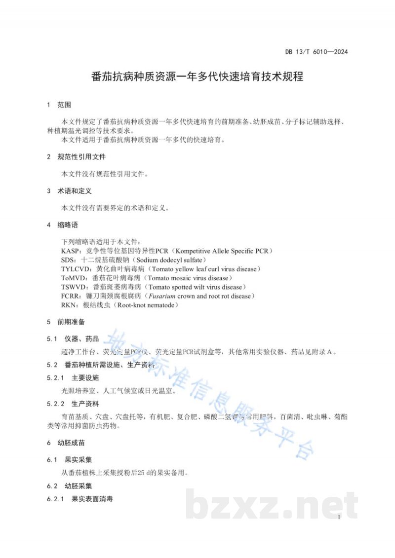 DB13/T 6010-2024番茄抗病种质资源一年多代快速培育技术规程