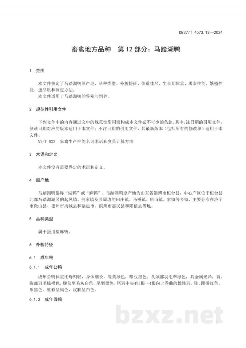 DB37/T 4573.12-2024畜禽地方品种 第12部分：马踏湖鸭