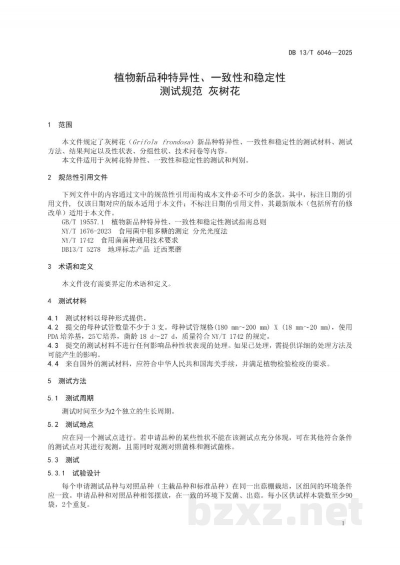DB13/T 6046-2025植物新品种特异性、一致性和稳定性测试规范 灰树花