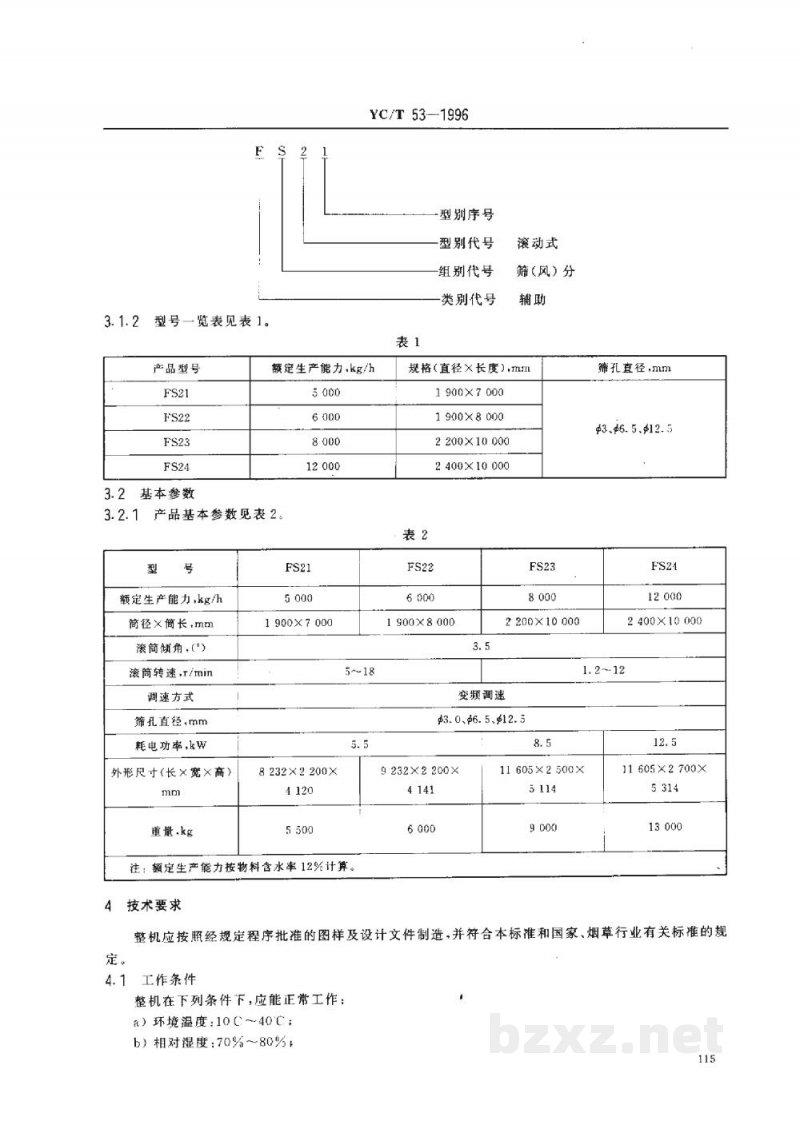 YC/T 53-1996烟草机械FS21～24型滚筒式筛分机